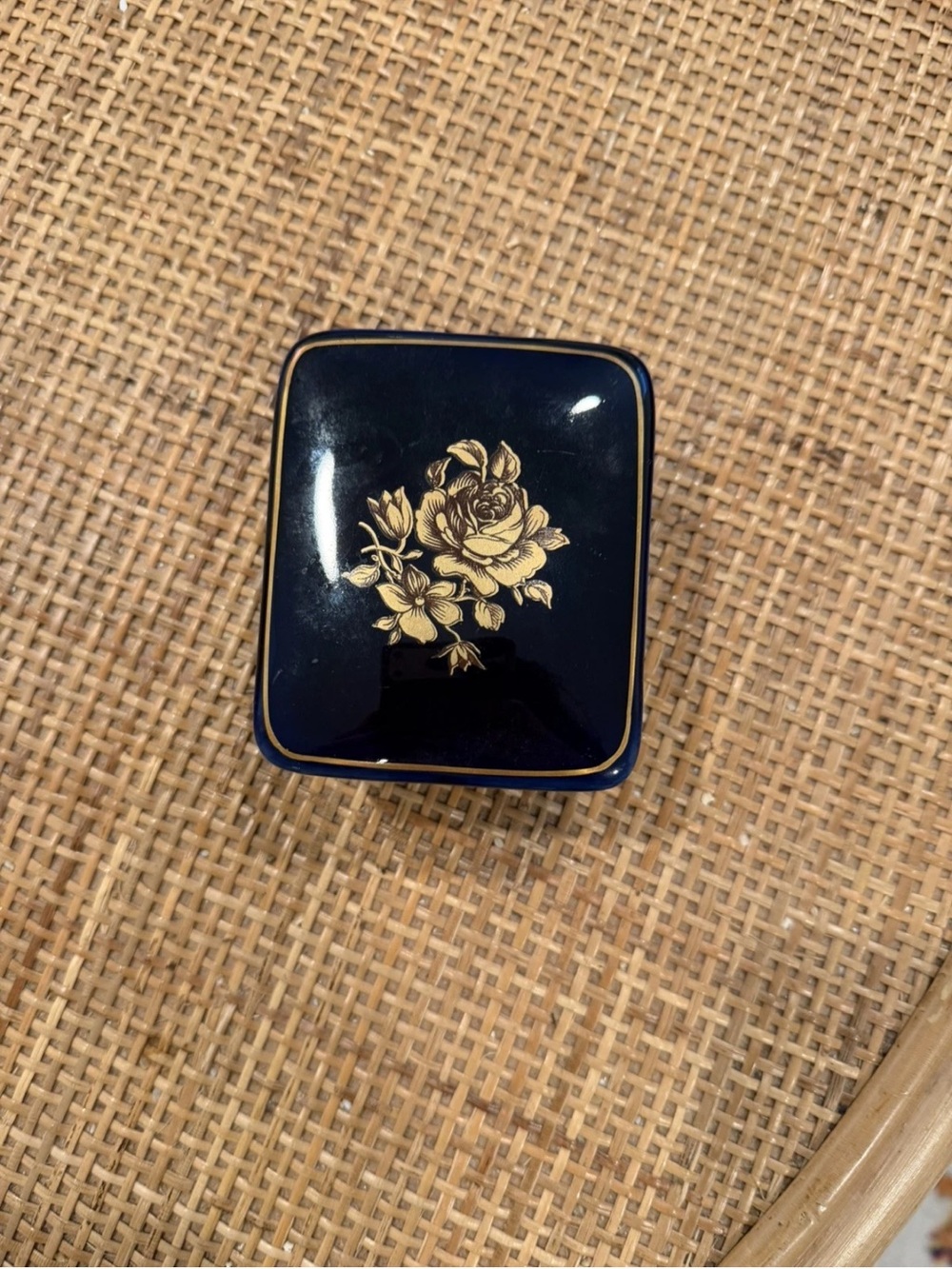 Hollohaza Hungary Cobalt Blue Porcelain Covered Trinket Dish Box Vintage
